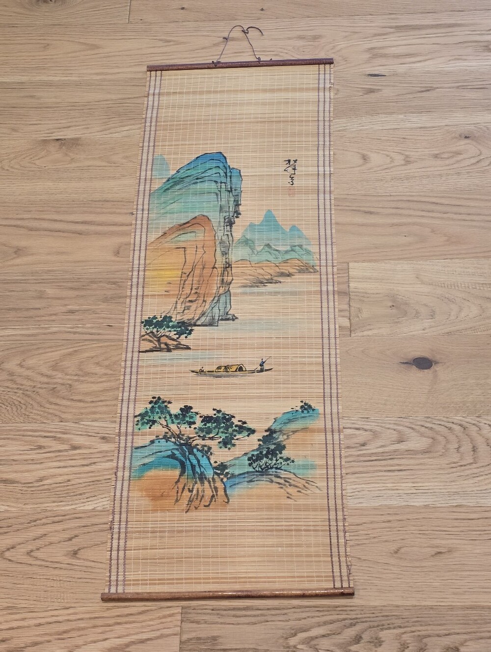 Hand Painted Bamboo Wall Scroll- Green Mountain Painting Wall Hanging Wabi Sabi